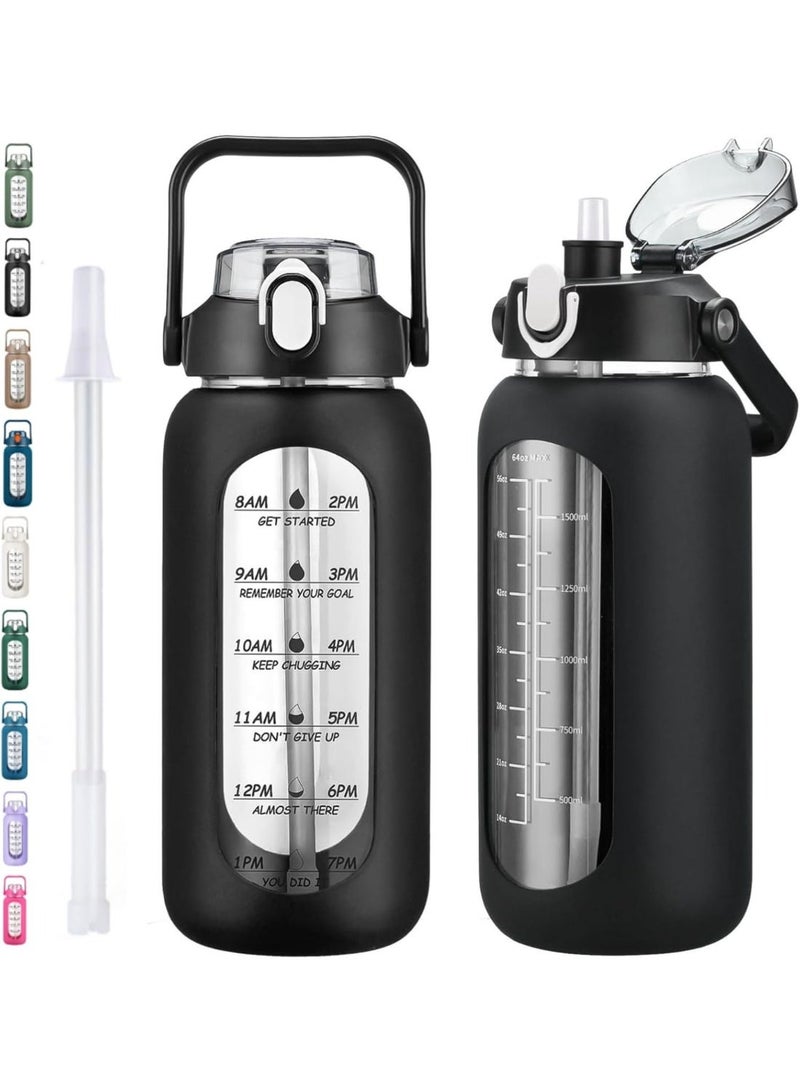kunshao 64oz (2L) Motivational Glass Water Bottle with Straw & Silicone Sleeve, Half Gallon Large Leakproof Water Jug with Time Marker for Gym, Home & Office (Black) - Image 1